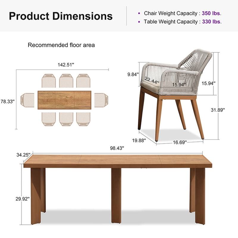 PURPLE LEAF Dining Set Patio Metal Rectangular Table and Wicker Rattan Chairs for Outside Porch Modern Outdoor Furniture Sets