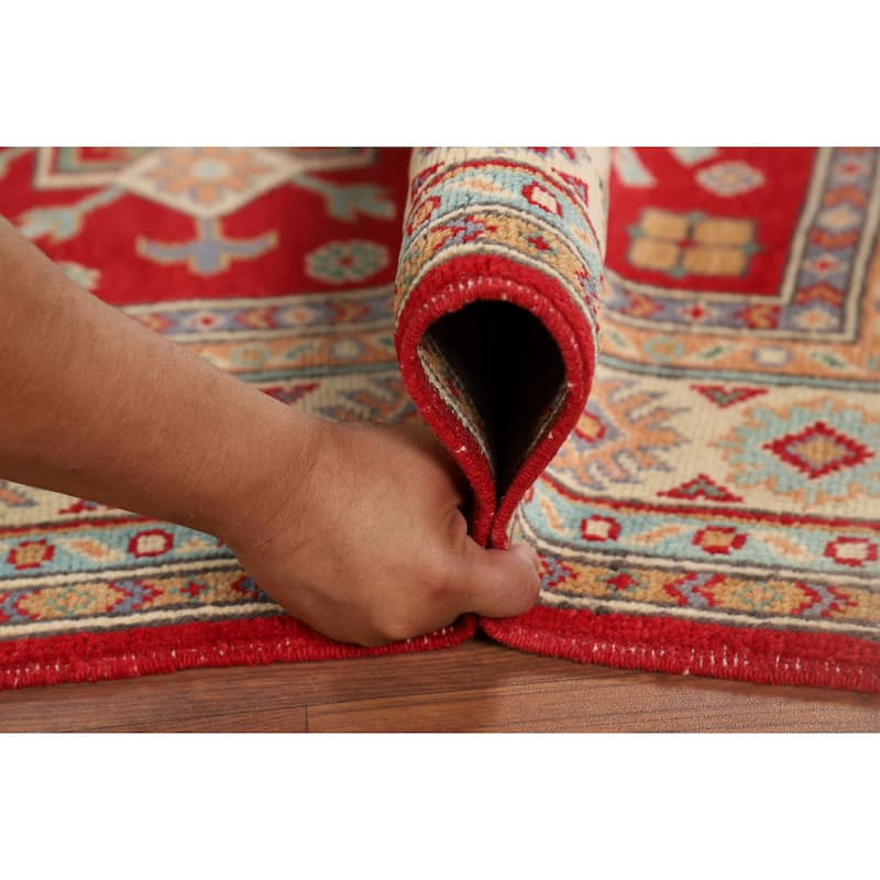 Kazak Accent Rug Handmade Geometric Red Wool Carpet - 3'5" x 4'11"