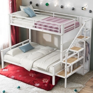 Metal Twin over Full Bunk Bed with Storage and Wardrobe