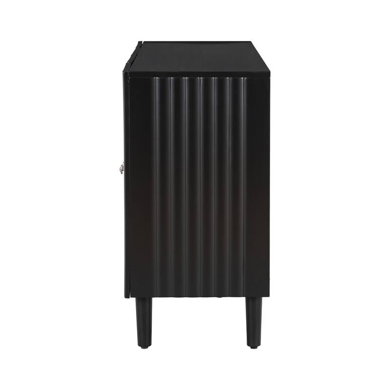 Anmytek Black Ribbed Sideboard Cabinet Modern Dining Room Storage with Four Textured Doors