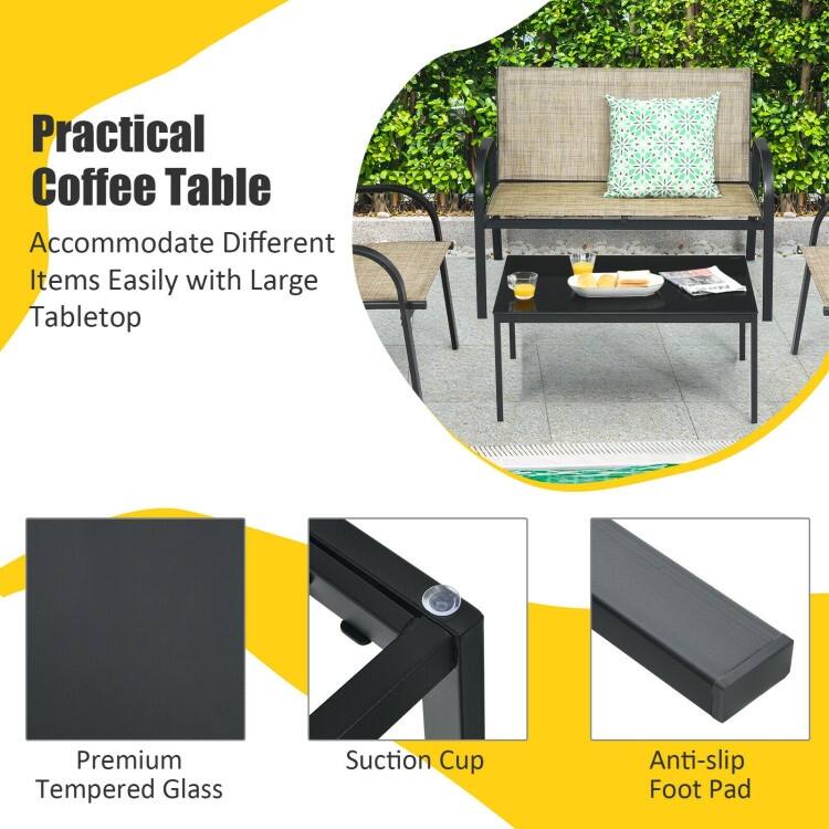 4 pcs Patio Furniture Set with Glass Top Coffee Table - 42.5" x 24.4" x 31.5" (L x W x H)