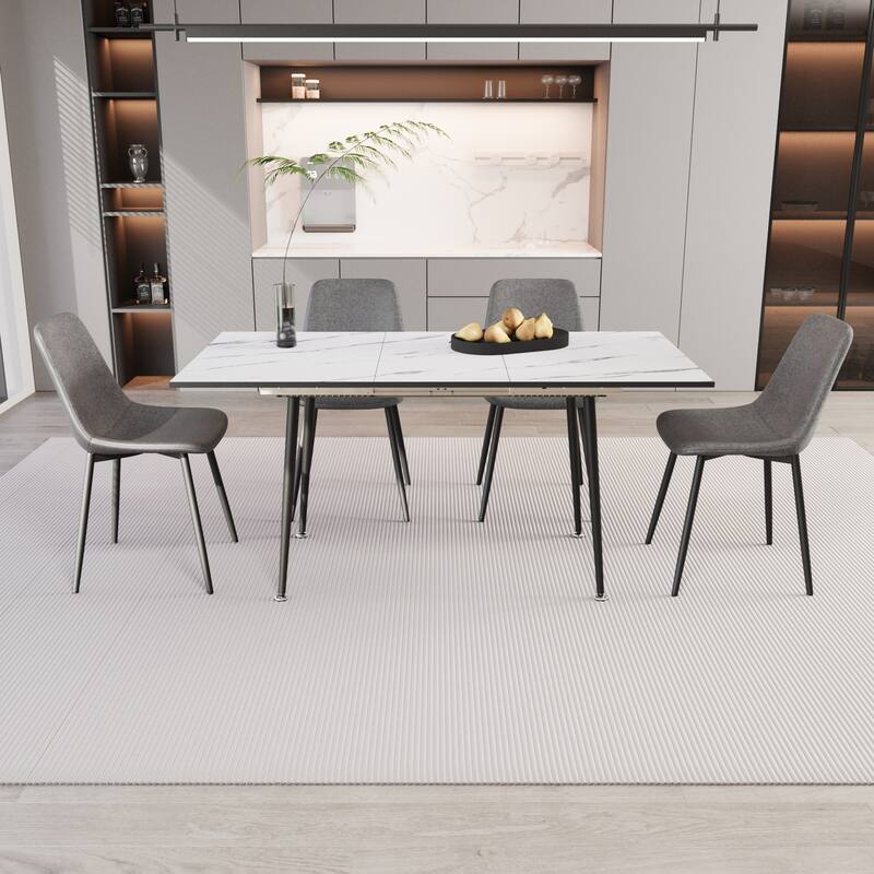 Scalable modern dining table and chair set, for 2-6 people, 4-piece set, medieval dining table set, metal base and linen chair - Grey+White