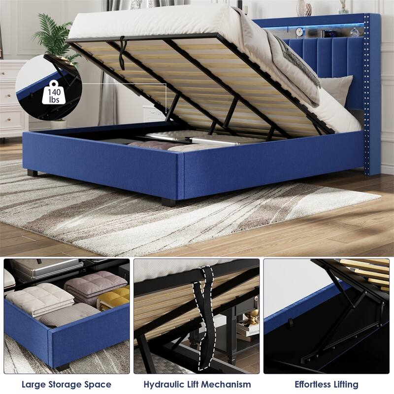 Full Size Velvet Platform Bed with LED Lights and Storage Headboard