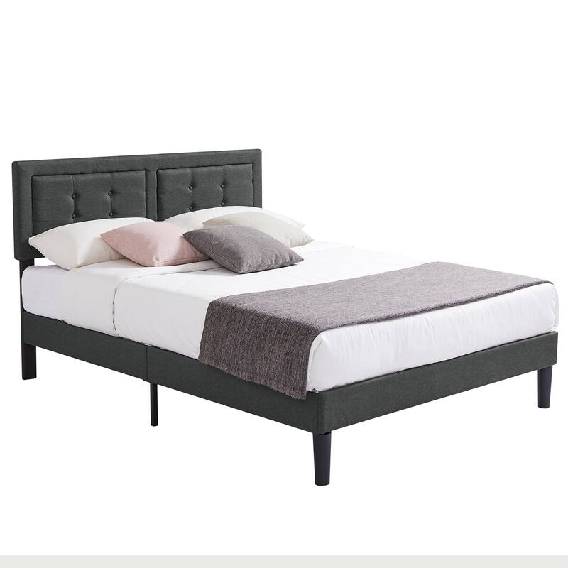 Strong Frame and Wooden Slats Support Bedframe，Platform Bed Frame with Linen Upholstered Headboard,Grey Bed Frames