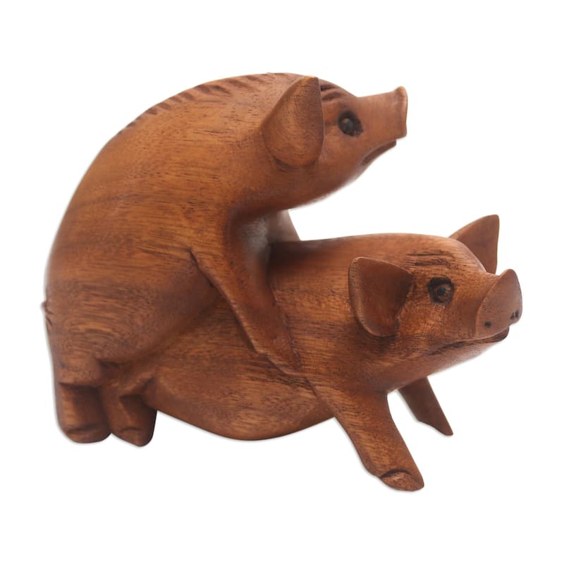 Novica Handmade Honeymoon Pigs Wood Statuette