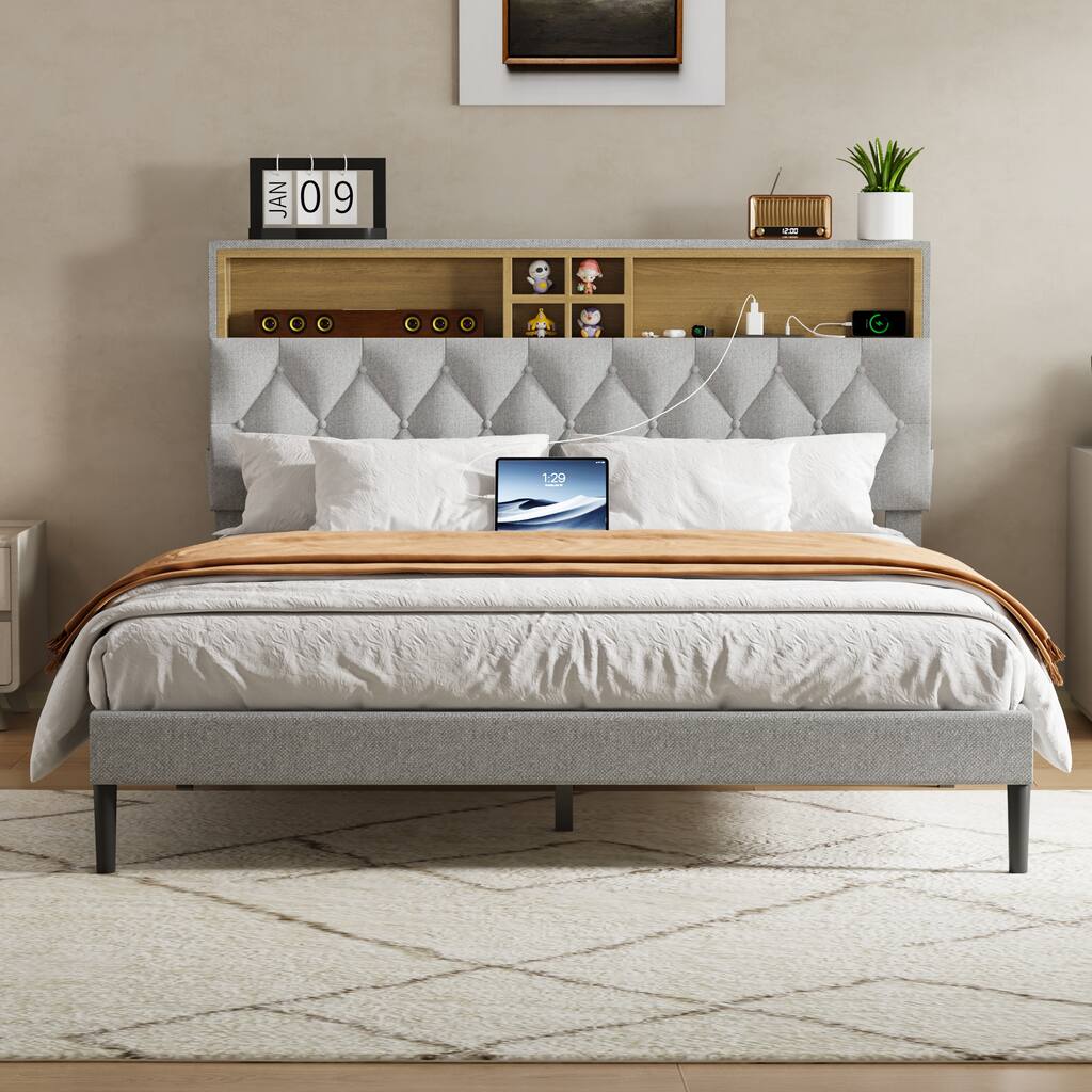 Bed Frame with 2-Tier Storage Adjustable Headboard & Charging Station, Solid and Stable