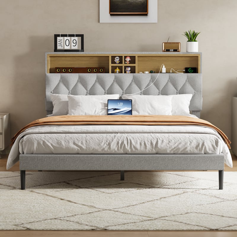 Queen Size Platform Bed Frame with Adjustable Storage Headboard, Built-In Charging Station, Sturdy No-Box Spring Design - Queen Gray - Queen