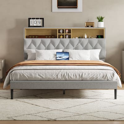 Queen Size Platform Bed Frame with Adjustable Storage Headboard, Built-In Charging Station, Sturdy No-Box Spring Design