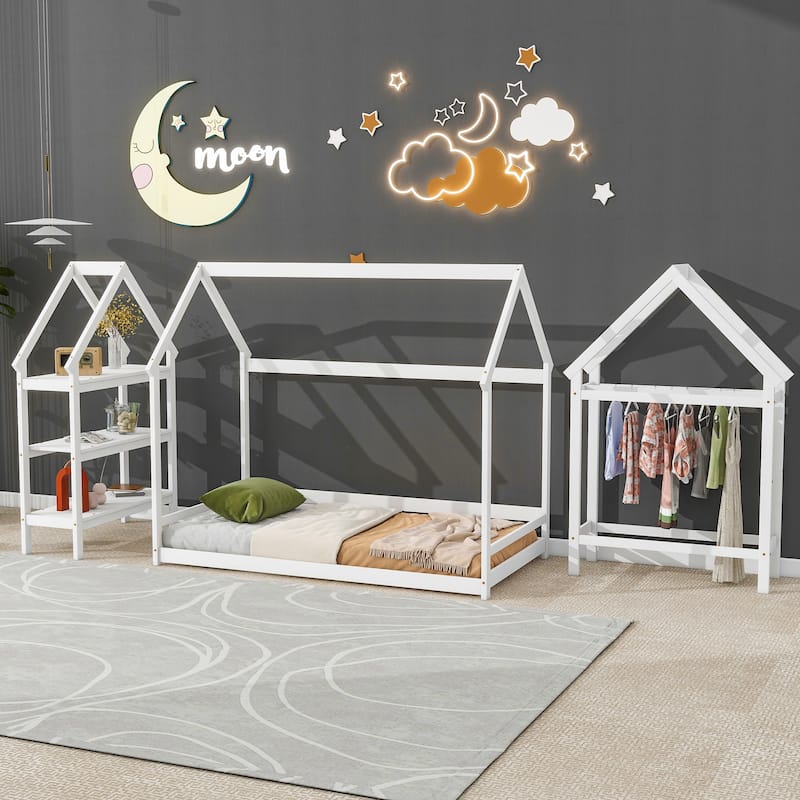 Wood House Bed With Storage Shelf And Hanger