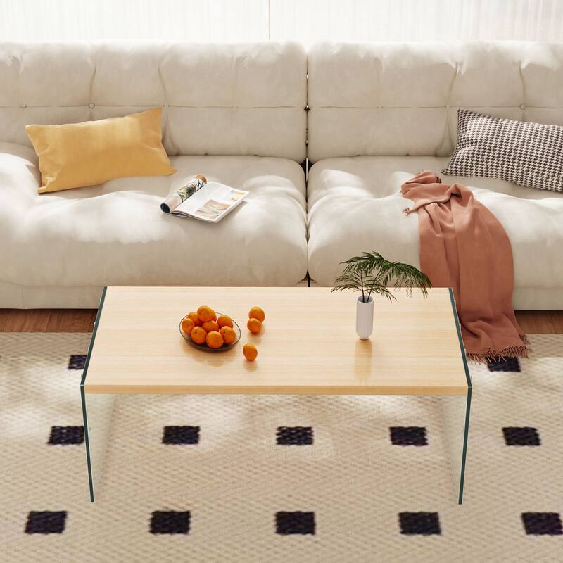 Modern Tempered Glass Coffee Table Floating Wood Tabletop - 48" L x 24" W x 18" H