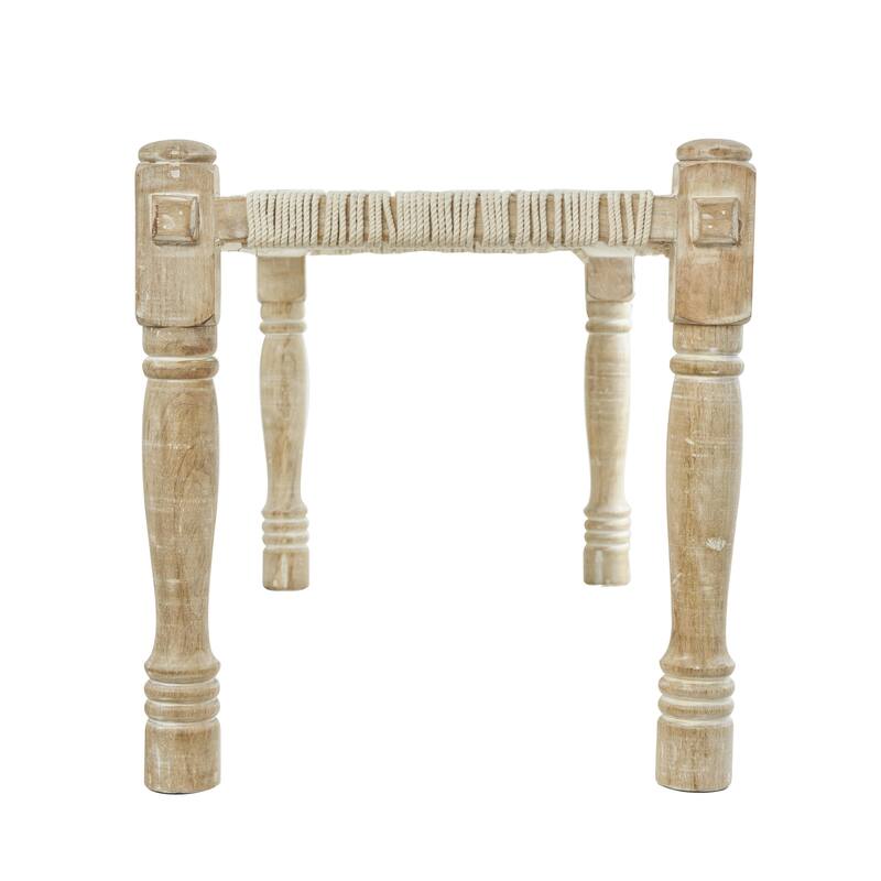 Cotton Fabric Handmade Woven Chevron Patterned Home Bench with Light Brown Mango Wood Legs - Beige - Roche River Decor