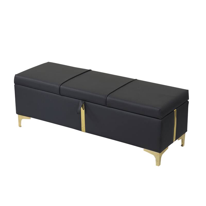 Faux Leather Storage Ottoman Bench, End of Bed Storage Benches, Modern Accent Bench with Metal Legs