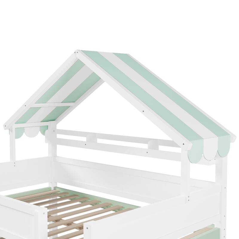 Full Size Loft Bed with Storage Cabinet and House-shaped Canopy Roof Built-in Storage Shelves