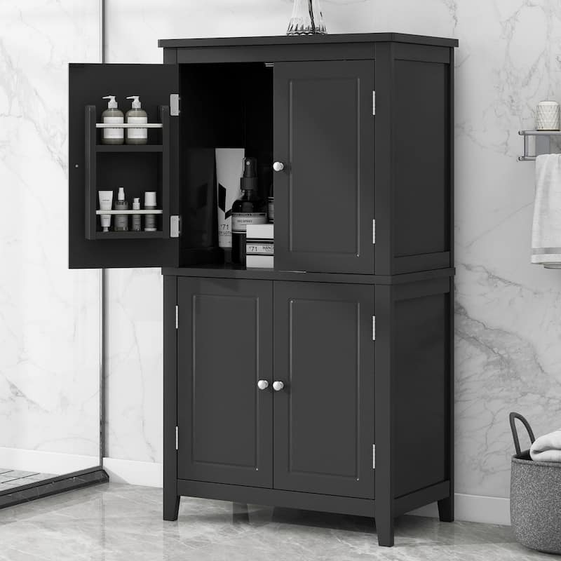 Roomfitters Elegant Bathroom Floor Storage Cabinet with 4 Doors, Adjustable and Adaptable Shelves, Freestanding Unit - Black