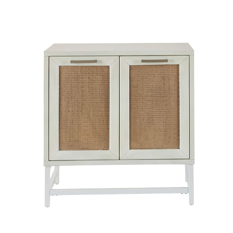 Wooden 2 Door Cabinet with Brown Woven Rattan Doors and Metal Base - White - Roche River Decor - 16"W x 30"L x 31"H