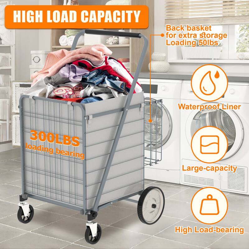 Foldable Grocery Shopping Cart with Double Basket and 360 Rolling Swivel Wheels