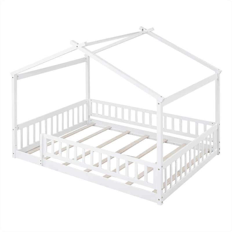Full Size Wood Bed House Bed Frame with Fence