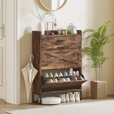 Modern Shoe Cabinet with 2 Tilt-Out Storage Drawers and Adjustable Shelves for Entryway Hallway - 31.5" W x 9.4" D x 45.3" H