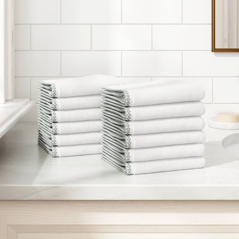 Linery & Co. Quick-Dry Cotton and Decorative Border Towel Set - White / Eucalyptus - Washcloth (Pack of 12)