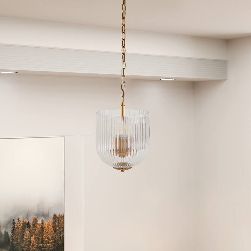 Comet Ribbed Glass Pendant Light with Brass Finish - Gold