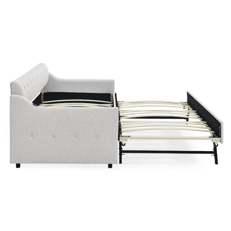 Twin Size Upholstery Daybed with Twin Size Erectable Trundle and USB Charging Design