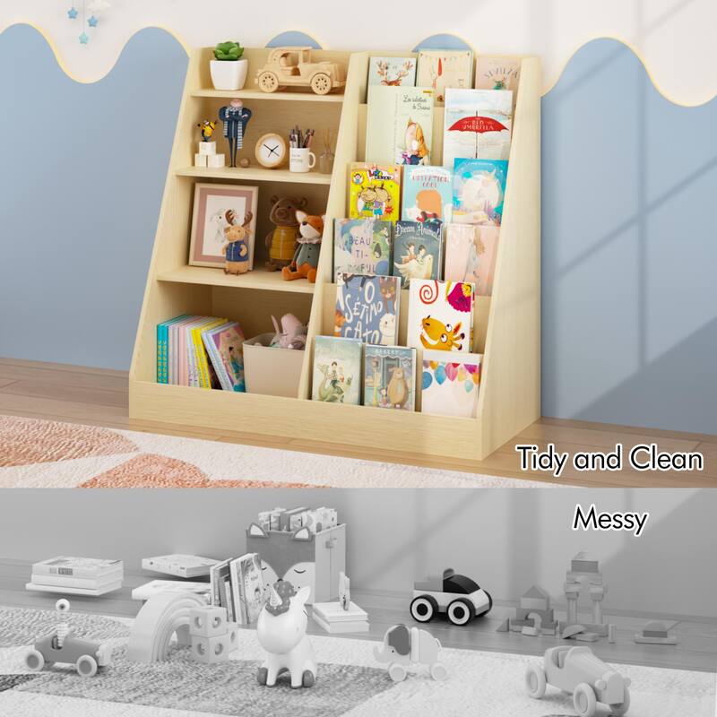 Kids Bookshelf and Toy Storage Organizer, Multifunctional 4 Tier Wooden Kids Book Shelf with Bookcase Display Stand
