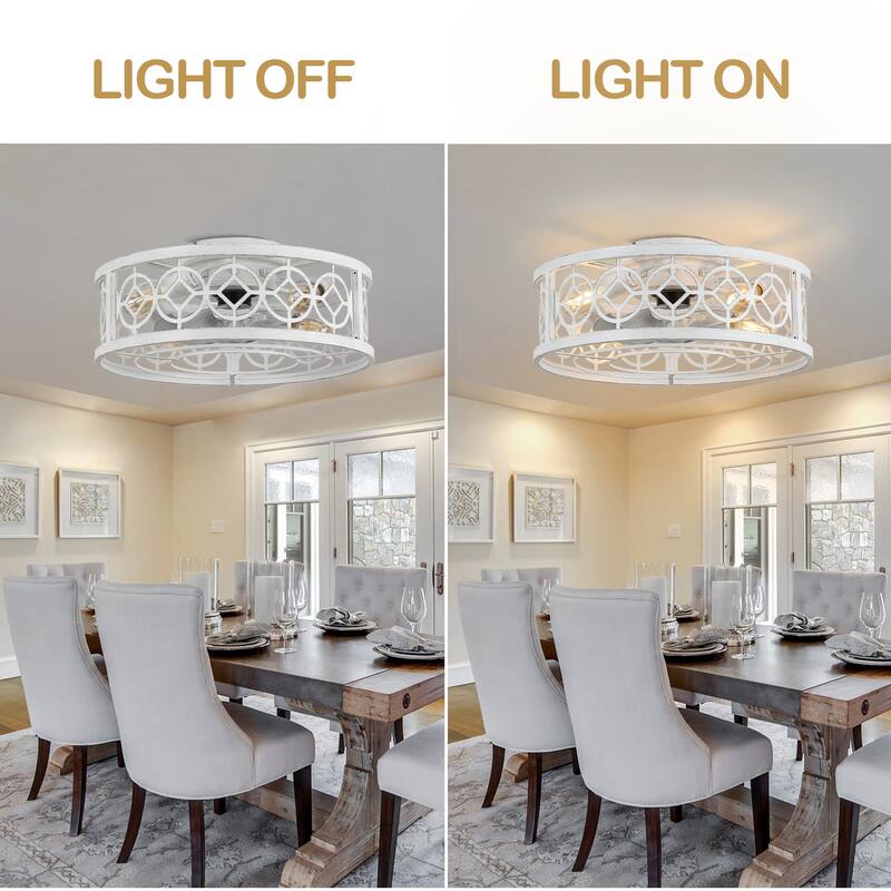 20" Flush Mount Caged Ceiling Fan with Light and Remote, Distressed White Metal 3-Speed Reversible Dc Motor