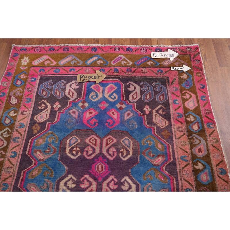 Geometric Meshkin Persian Vintage Runner Rug Hand-Knotted Wool Carpet - 3'9" x 10'6"