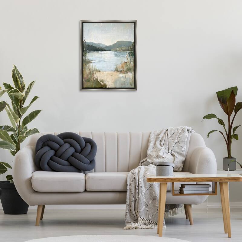 Stupell Abstract Lake Shore & Mountains Framed Floater Canvas Wall Art Design By Petal Prints Design