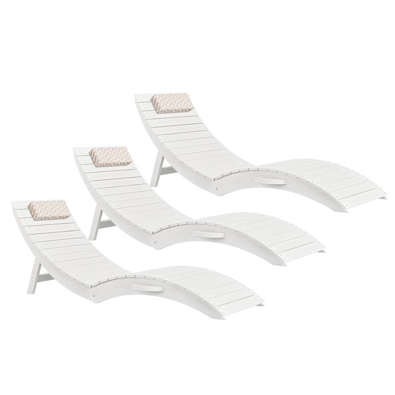 3-Piece Folding HDPS Plastic Outdoor Pool Chaise Lounges with Headrest Cushion