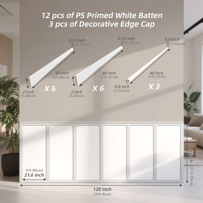 Art3d Pre-Cut Easy DIY PS Wainscoting Kit Board and Batten Kit, 12 or 25 panels - 12panels-43.5"x120"