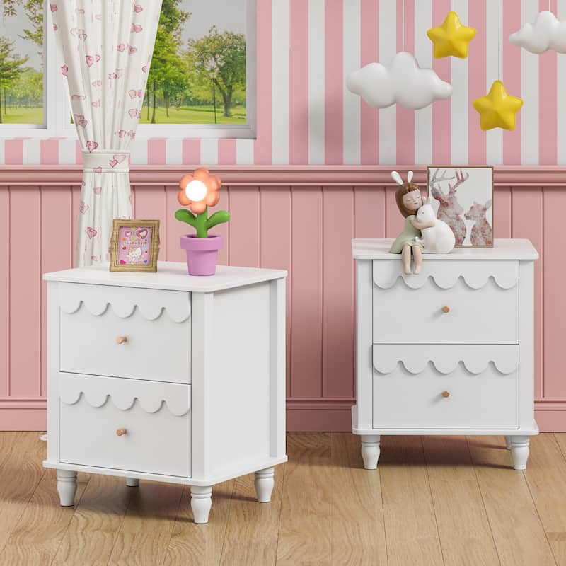 2 Drawers Nightstand Curved Design Cloud Bedside Table - 2PCS-White