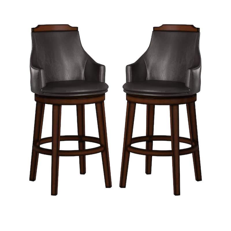 Bar Height Chair, Set of 2, Dark Brown Faux Leather, Wood Legs