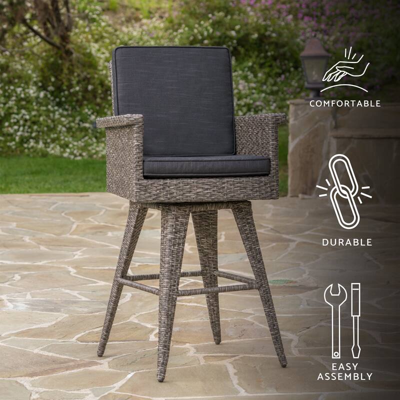 Patio Wicker Bar Stool, Counter Stool with Water Resistant Cushions and Trumpet Legs Outdoor Bar Chair, High Back Bar Stool
