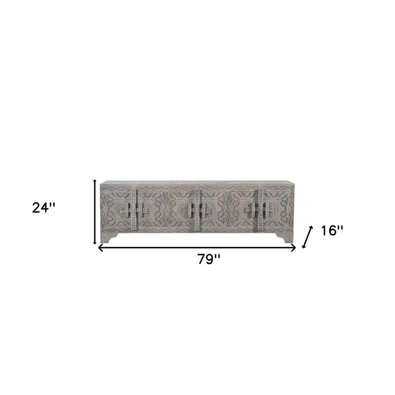 HomeRoots 79" Gray Carved Scrollwork Distressed Solid Wood Enclosed Storage TV Stand - 79' X '24' X '16