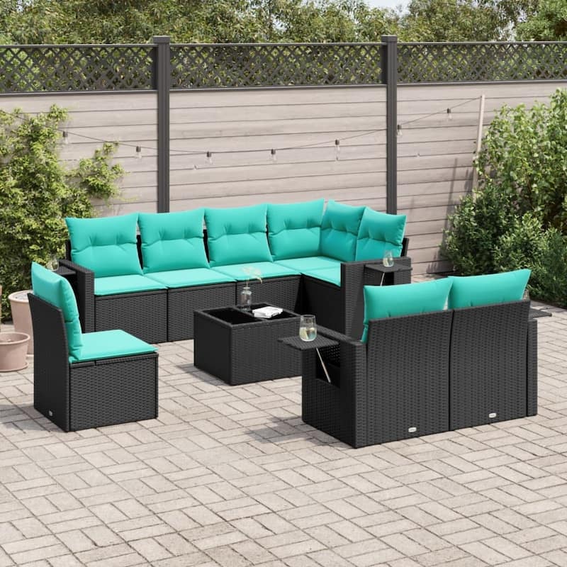 vidaXL 8 Piece Patio Sofa Set with Cushions Black Poly Rattan - 21.7x27.2x24.4-With table