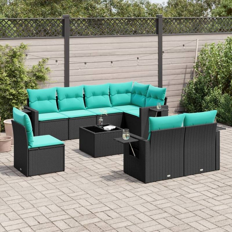 vidaXL Patio Sofa Set with Cushions Outdoor Conversation Furniture Poly Rattan - 24.4 x 24.4 x 27.2 - Black and Blue-With table
