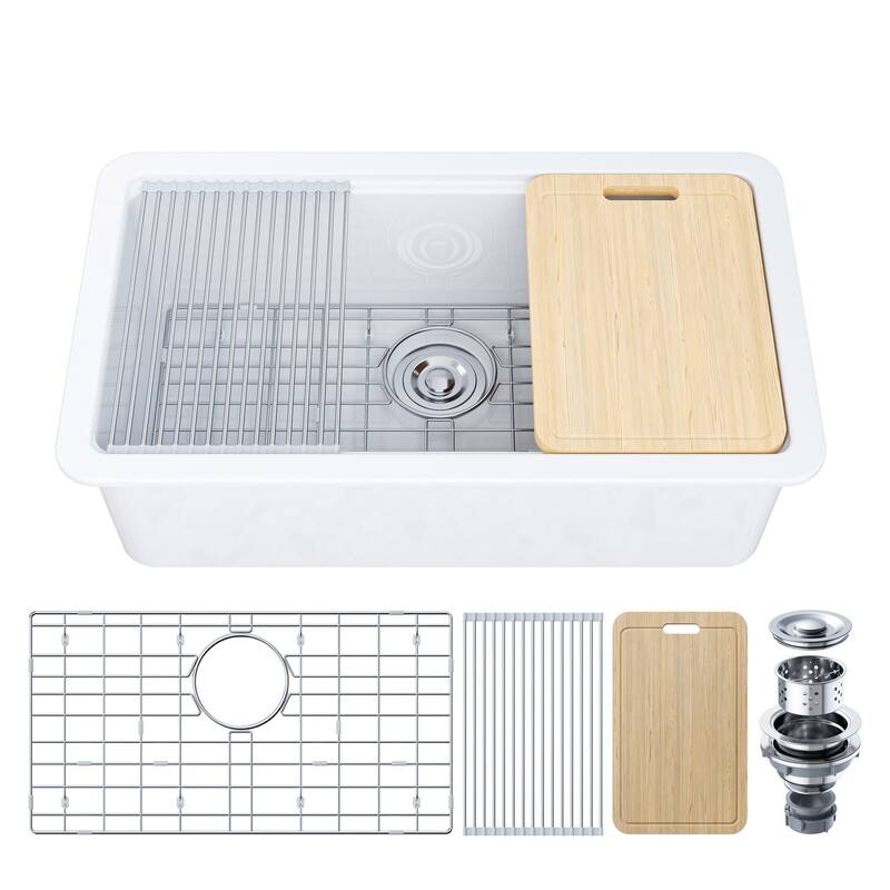 HOROW 33 in. White Ceramic Drop-In Kitchen Sink with Standard & Bottom Grid, Drain, Cutting Board
