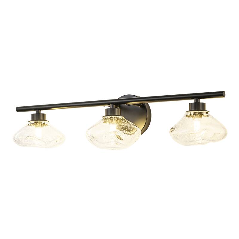 3-Light 24.4" Modern Black/Gold Bathroom Vanity Light with Stone-Shaped Seed Glass Shades