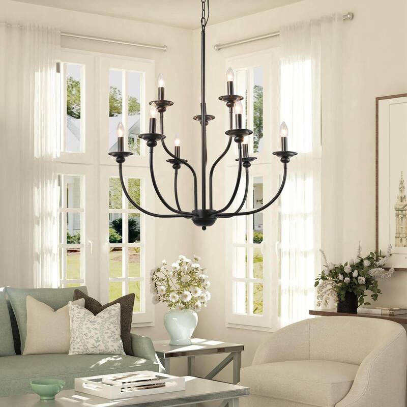 Modern Farmhouse 9-Light Black Chandelier Classic Tierd Lights for Dining Room