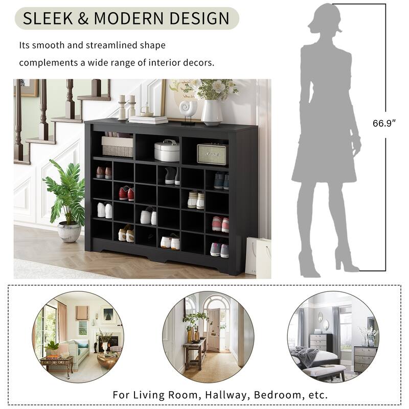 Shoe Cabinet Console, Square Lattice Shoe Storage Cabinet with Curved Base, 24 Pair Wood Shoe Rack for Entryway