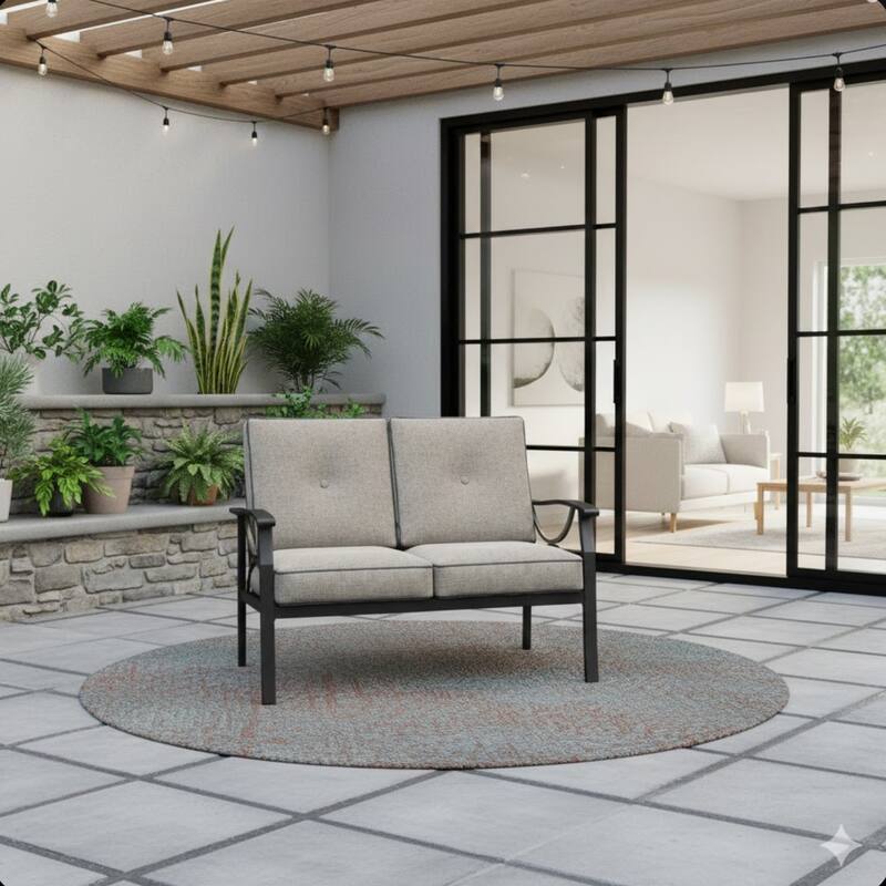 48" Metal Loveseat 2 Seats Couch Sofa, Black Frame with Gray Cushions