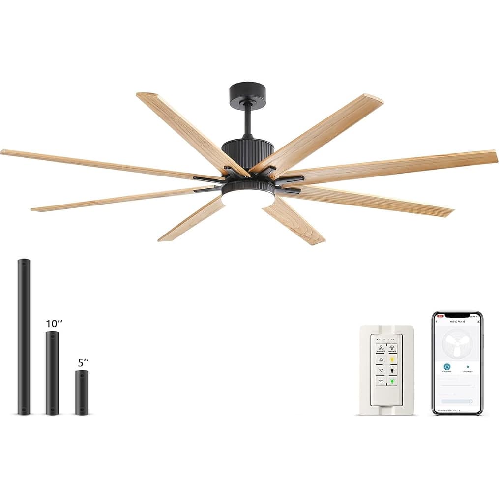 76 Inch Ceiling Fan with Lights Remote Control 8 Solid Wood Blades with 18W Dimmable LED Light