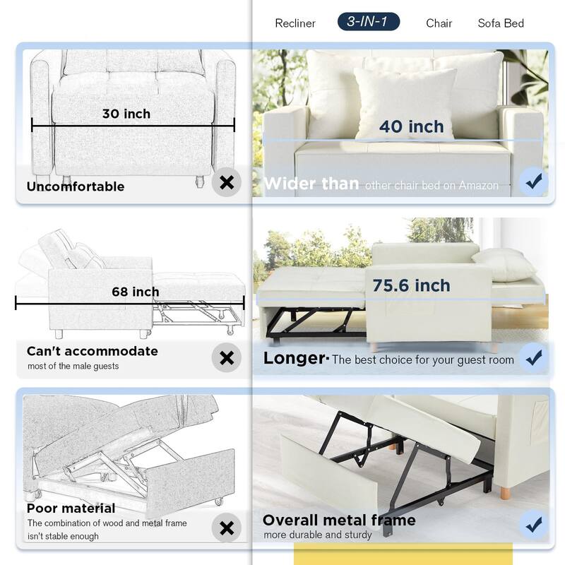 AECOJOY Adjustable Sleeper Chair Bed 3-in-1 Convertible Futon Sofa