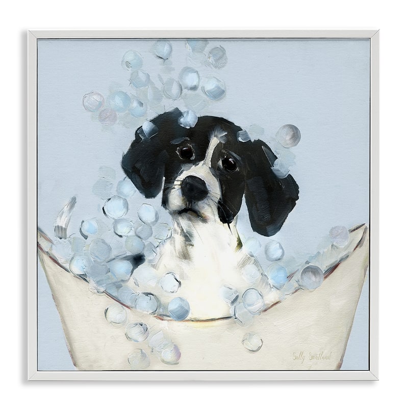 Stupell Black & White Puppy in Tub Framed Giclee Art Design By Sally Swatland - 12 x 12 - White
