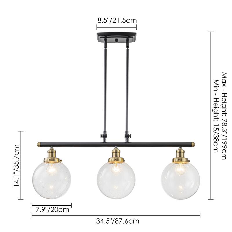 34.5" W 3-Light Industrial Black and Gold Linear Adjustable Island Pendan Light with Clear Seeded Glass Globe for Dining Room