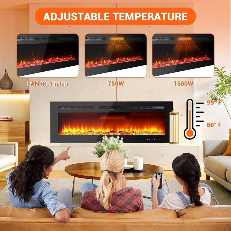 Wall Mount Electric Fireplace, Touch Screen and Remote Control, 12 Flame Colors