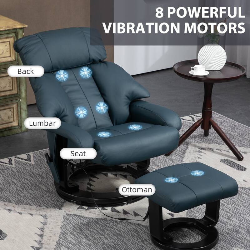 PU Leather Vibration Massage Recliners , with Footrest and Side Pockets, Manual Tilt Backrest Adjustment and 360° Rotating Base