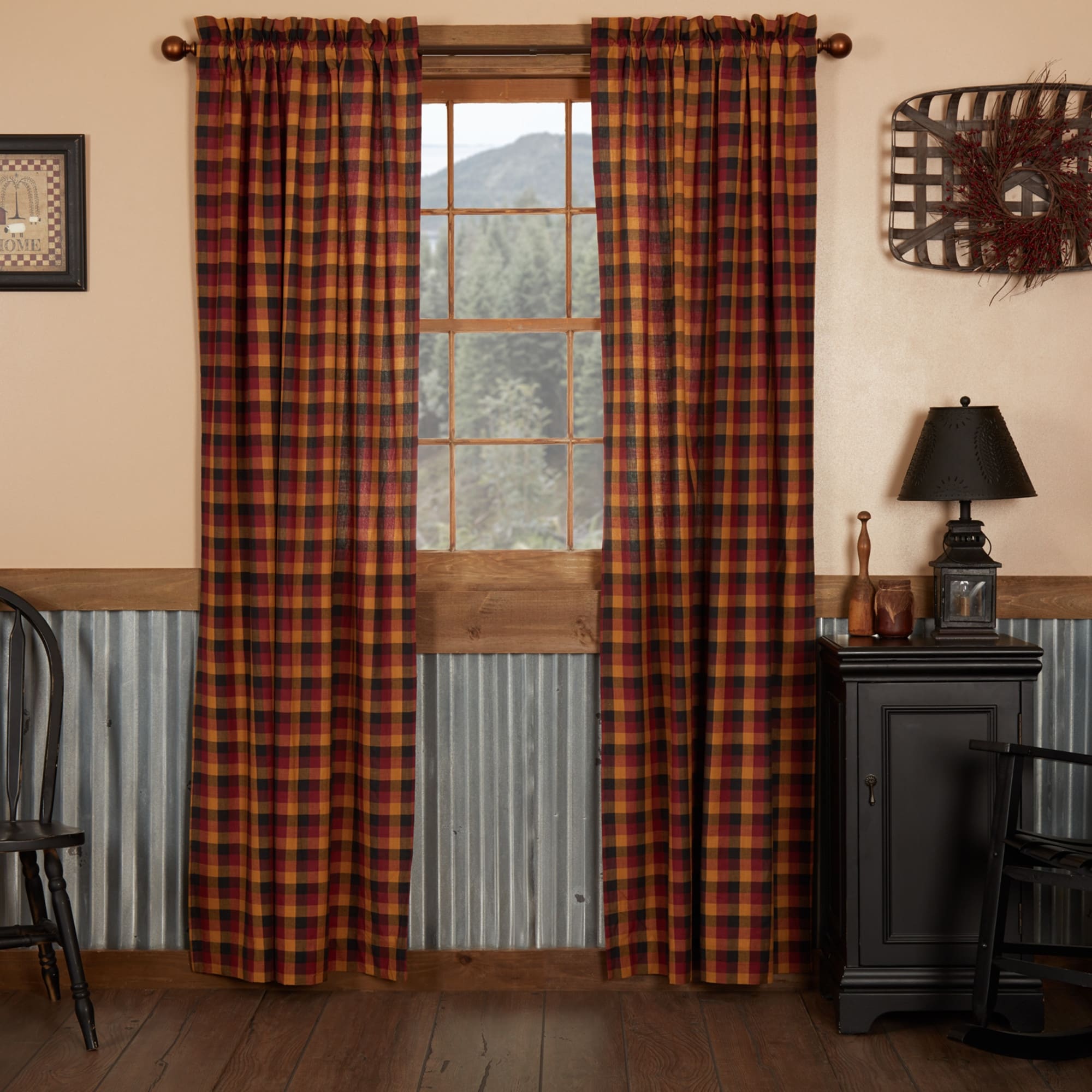 CROSSWOODS Panel Set Plaid Tan/Red Farmhouse Country Rustic Lined VHC 84x40 