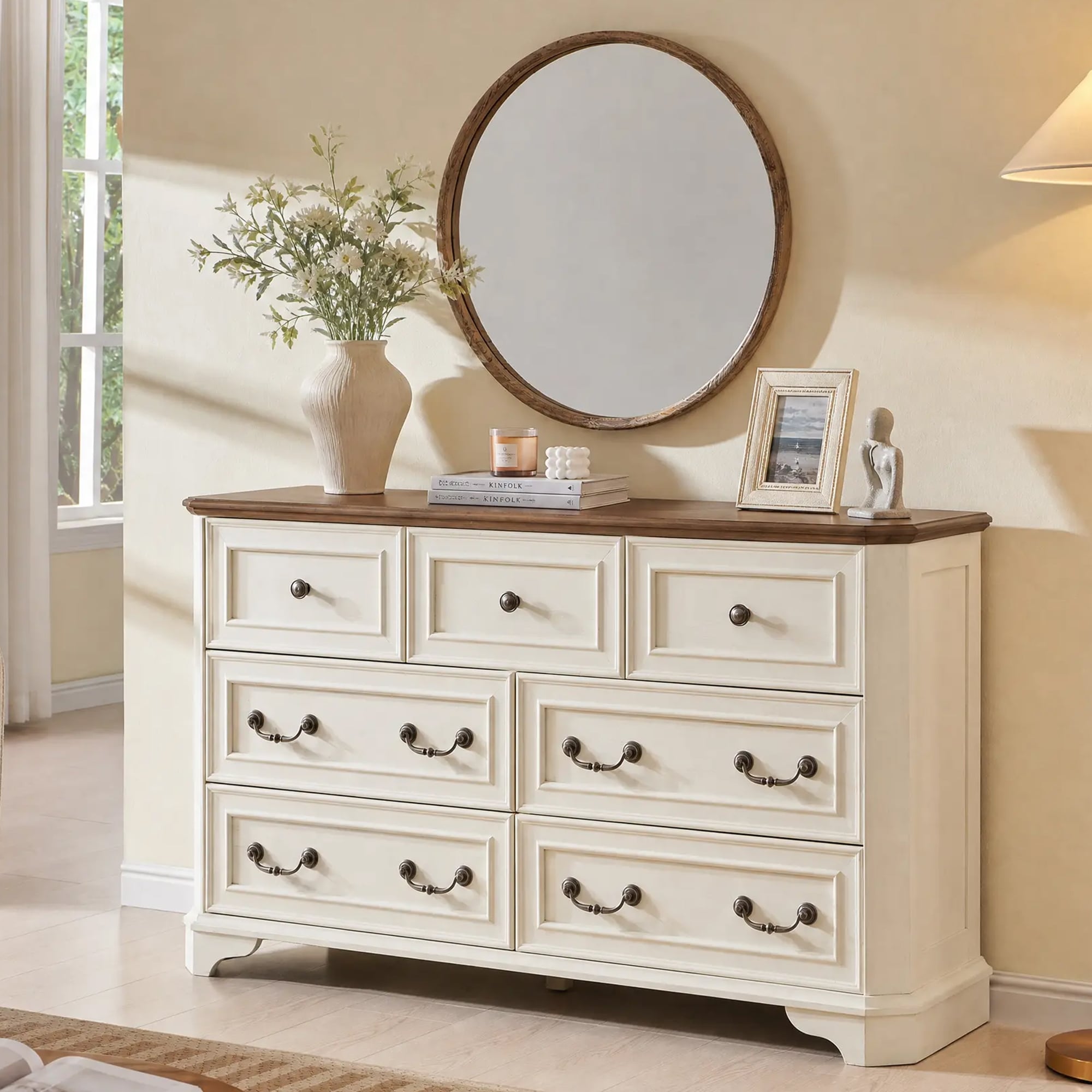 Farmhouse 7 Drawers Dresser, Wood Rustic Chest of Drawers for Bedroom
